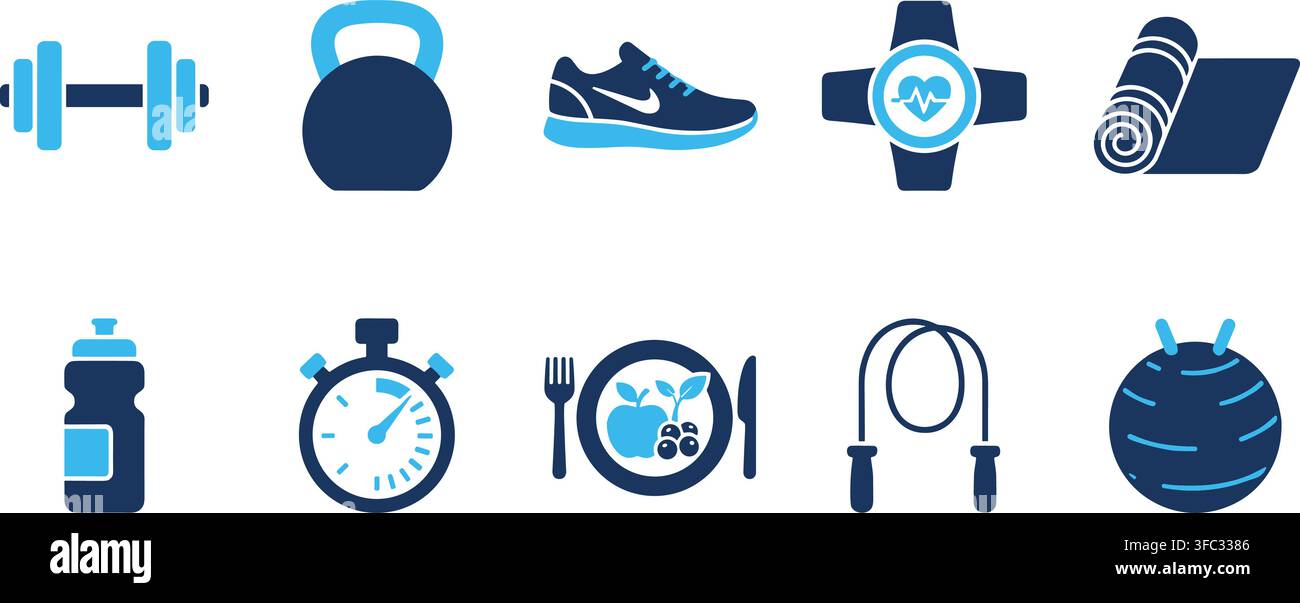 Set di icone per attrezzi da fitness, simboli colorati in blu con pesi, scarpe da ginnastica e articoli di alimentazione sana. Illustrazione Vettoriale