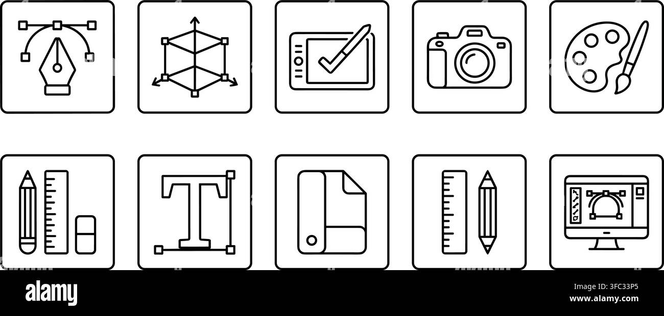 Set di strumenti per il design grafico con forniture artistiche a contorno e interfacce software per l'illustrazione digitale creativa. Illustrazione Vettoriale
