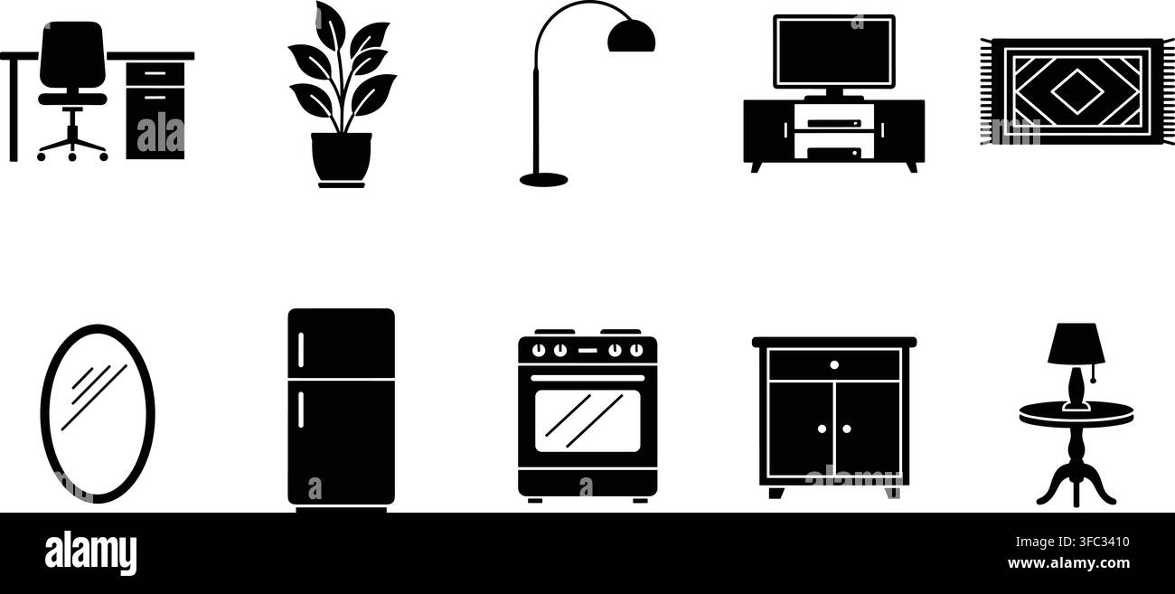 Set di icone a glifi neri per mobili e elettrodomestici domestici contenente tavolo, sedia, pianta, lampada, televisione, frigorifero e fornello. Illustrazione Vettoriale