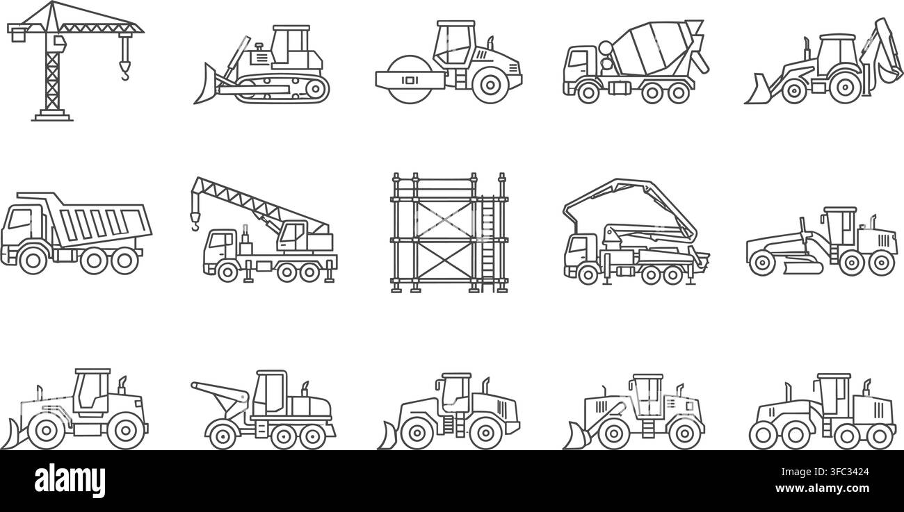 Icone di macchinari pesanti e attrezzature edili con escavatori cingolati, bulldozer, gru e camion per il trasporto. Illustrazione Vettoriale