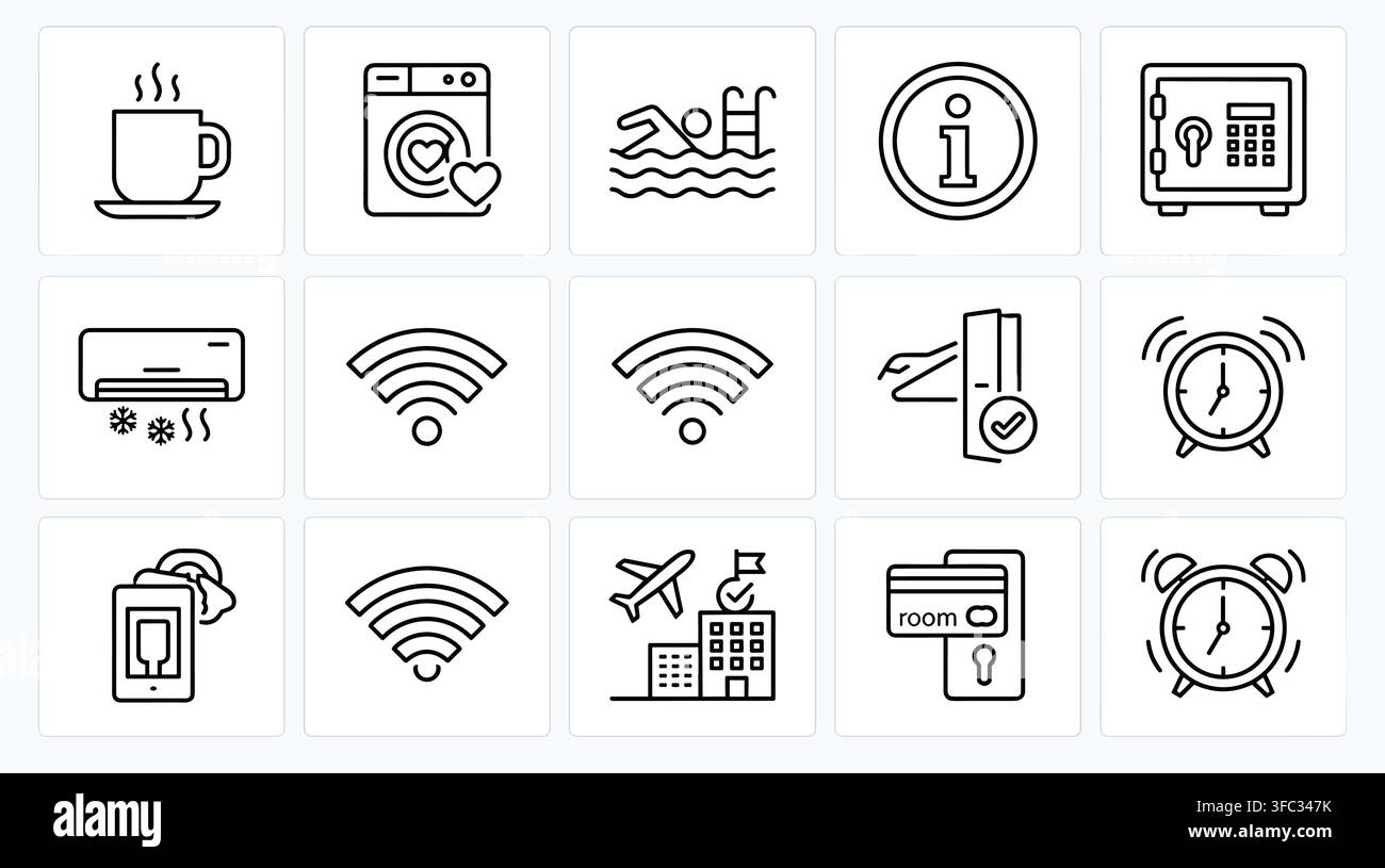 Icone di servizio alberghiero con servizi come aria condizionata, WiFi, piscina e allarme per il comfort degli ospiti. Illustrazione Vettoriale