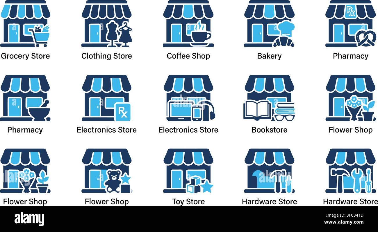 Collezione di edifici di negozi al dettaglio locali che mostra diverse vetrine di commercianti per la progettazione di siti web di e-commerce commerciale. Illustrazione Vettoriale