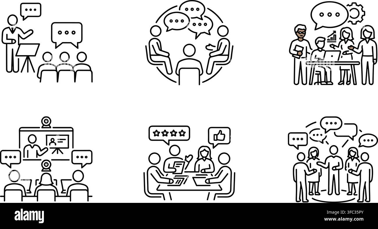 Icone lineari per la comunicazione professionale d'ufficio e seminari di business che raffigurano formazione sulla discussione di gruppo e lavoro di squadra. Illustrazione Vettoriale