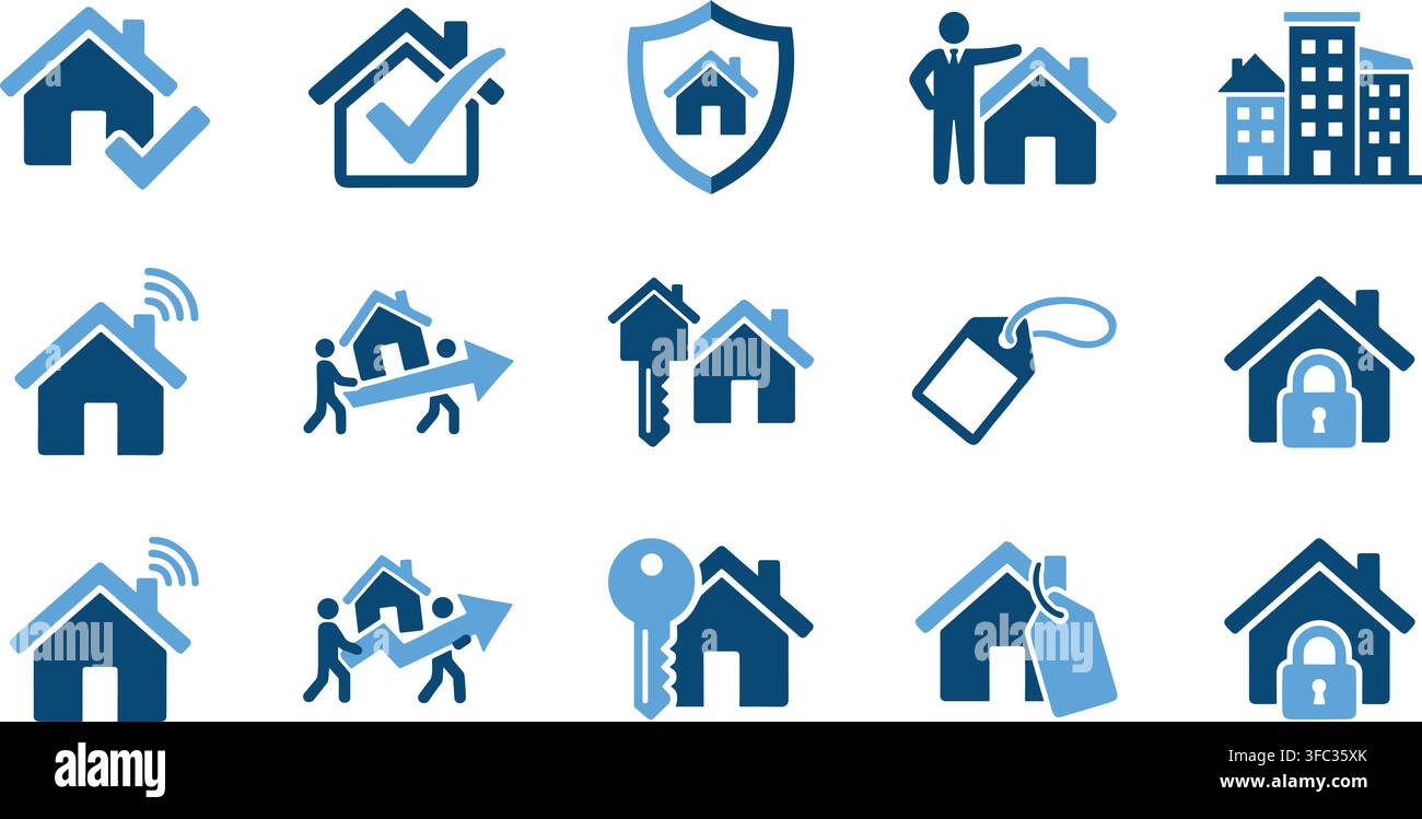 Icone per la gestione immobiliare e la manutenzione della casa con grafica piatta blu per i flussi di lavoro dei servizi di agenti immobiliari Illustrazione Vettoriale