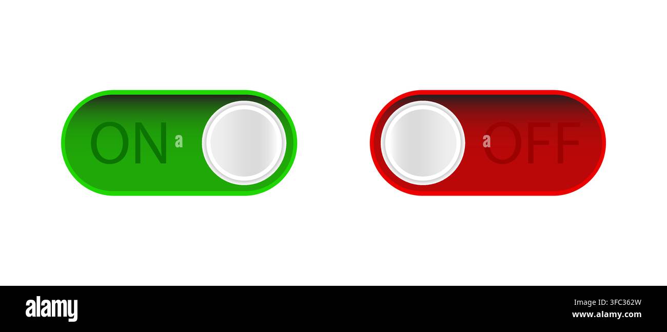 Pulsanti di commutazione On e Off, icone UI verdi e rosse, interfaccia di controllo dell'alimentazione per le impostazioni. Illustrazione Vettoriale
