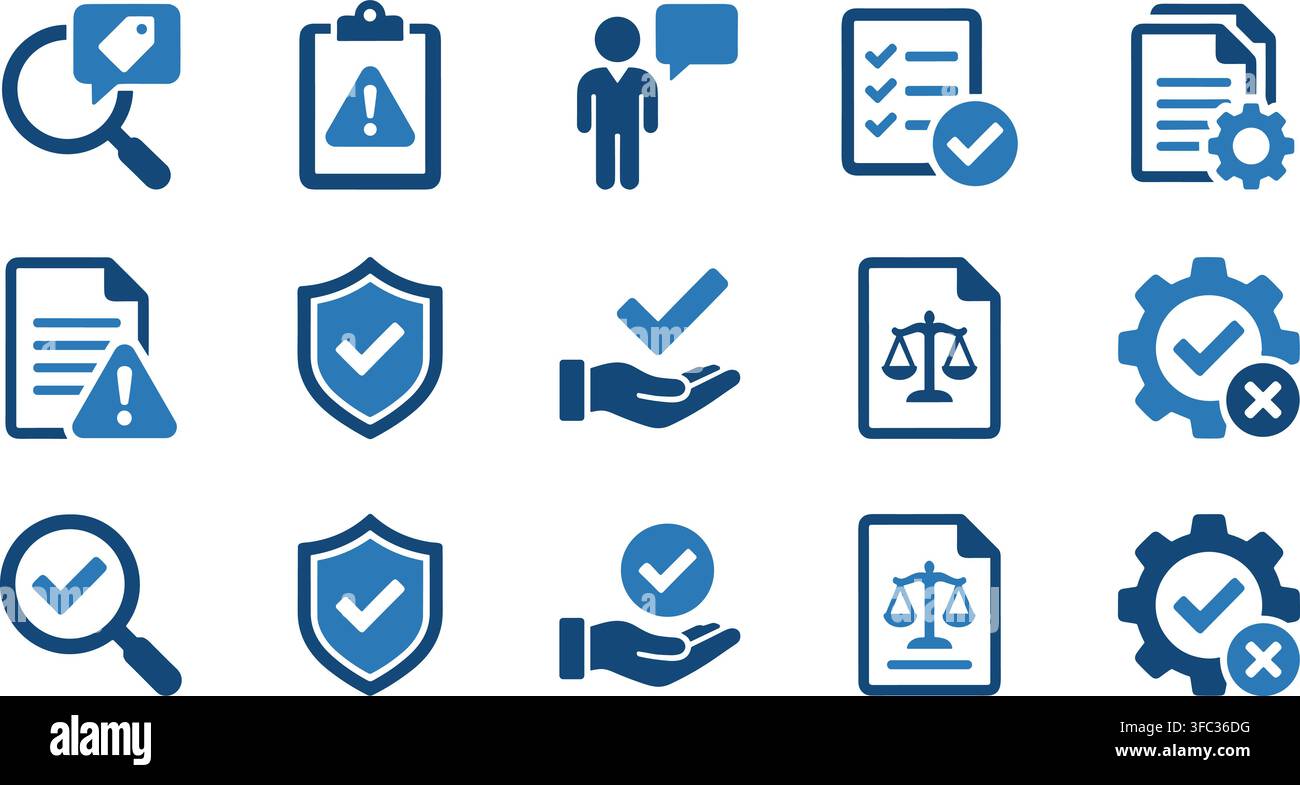 Set di icone piatte blu per il business con simboli di lente d'ingrandimento, ingranaggio e scudo per uso aziendale professionale. Illustrazione Vettoriale
