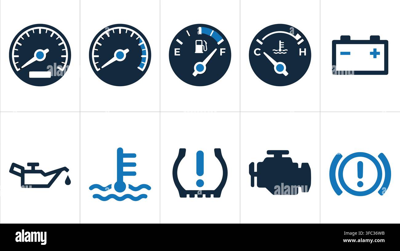 Set di icone di indicatori e luci di avvertimento del cruscotto dell'auto in blu scuro e blu chiaro con sfondo trasparente. Illustrazione Vettoriale