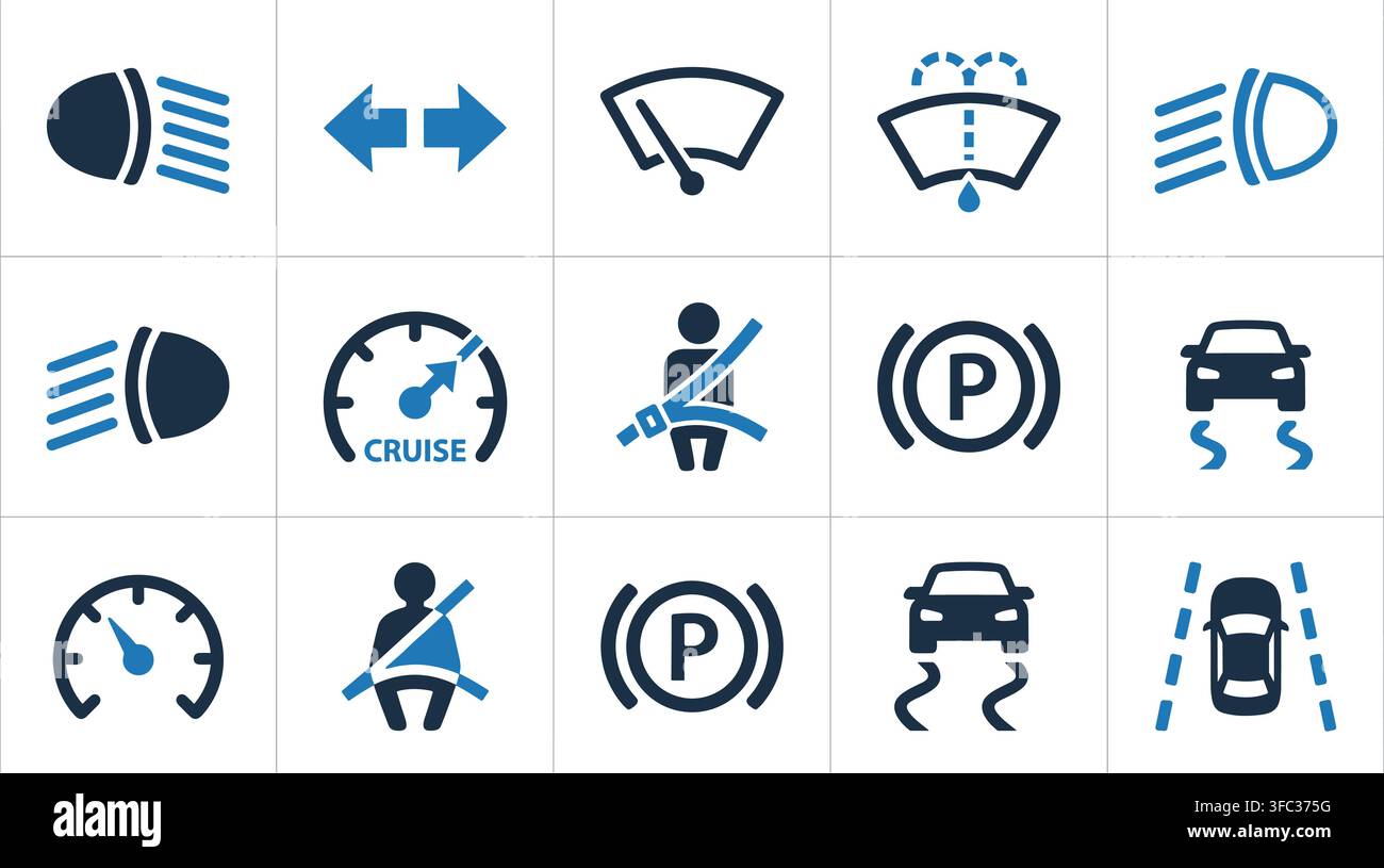 Set di icone di indicatori del cruscotto dell'auto in blu scuro e blu chiaro con sfondo trasparente per l'automobilismo. Illustrazione Vettoriale