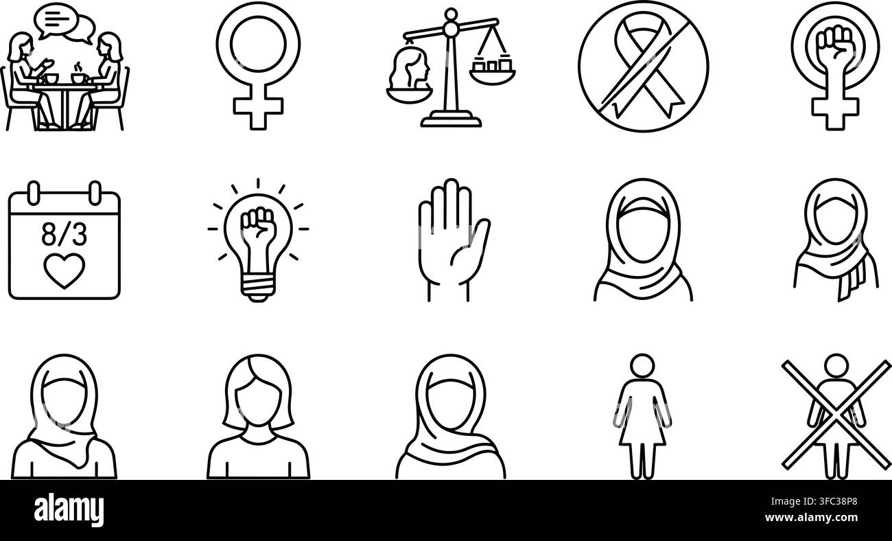 Set di icone vettoriali a linea sottile su diritti delle donne e uguaglianza di genere con simboli femministi per la sensibilizzazione alla giustizia sociale. Illustrazione Vettoriale