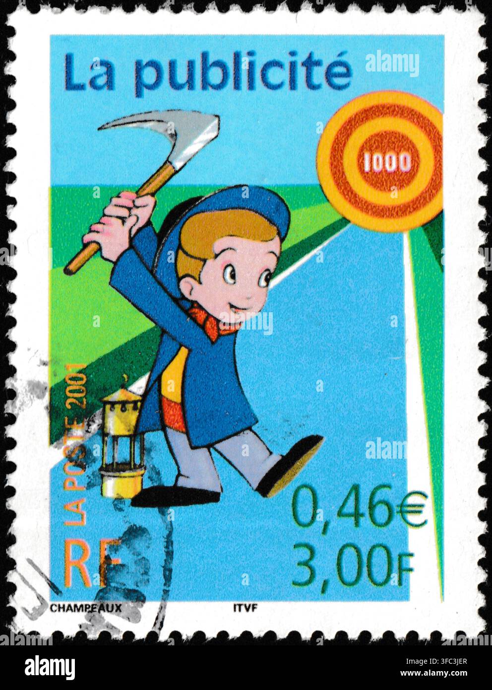Francobollo commemorativo francese del 2001 che celebra la storia della pubblicità con un ragazzo minatore in cartone animato con piccone 0,46 Euro Francia Foto Stock