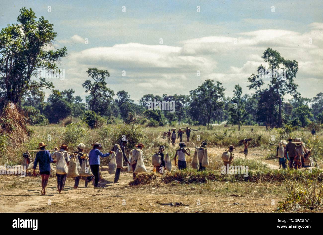 Profughi che riportano cibo oltre il confine cambogiano dopo una distribuzione di cibo al Camp 007, confine thailandese-cambogiano, nov 1979. Questi campi controllati dai Khmer Serei ospitavano 80.000 rifugiati cambogiani Foto Stock