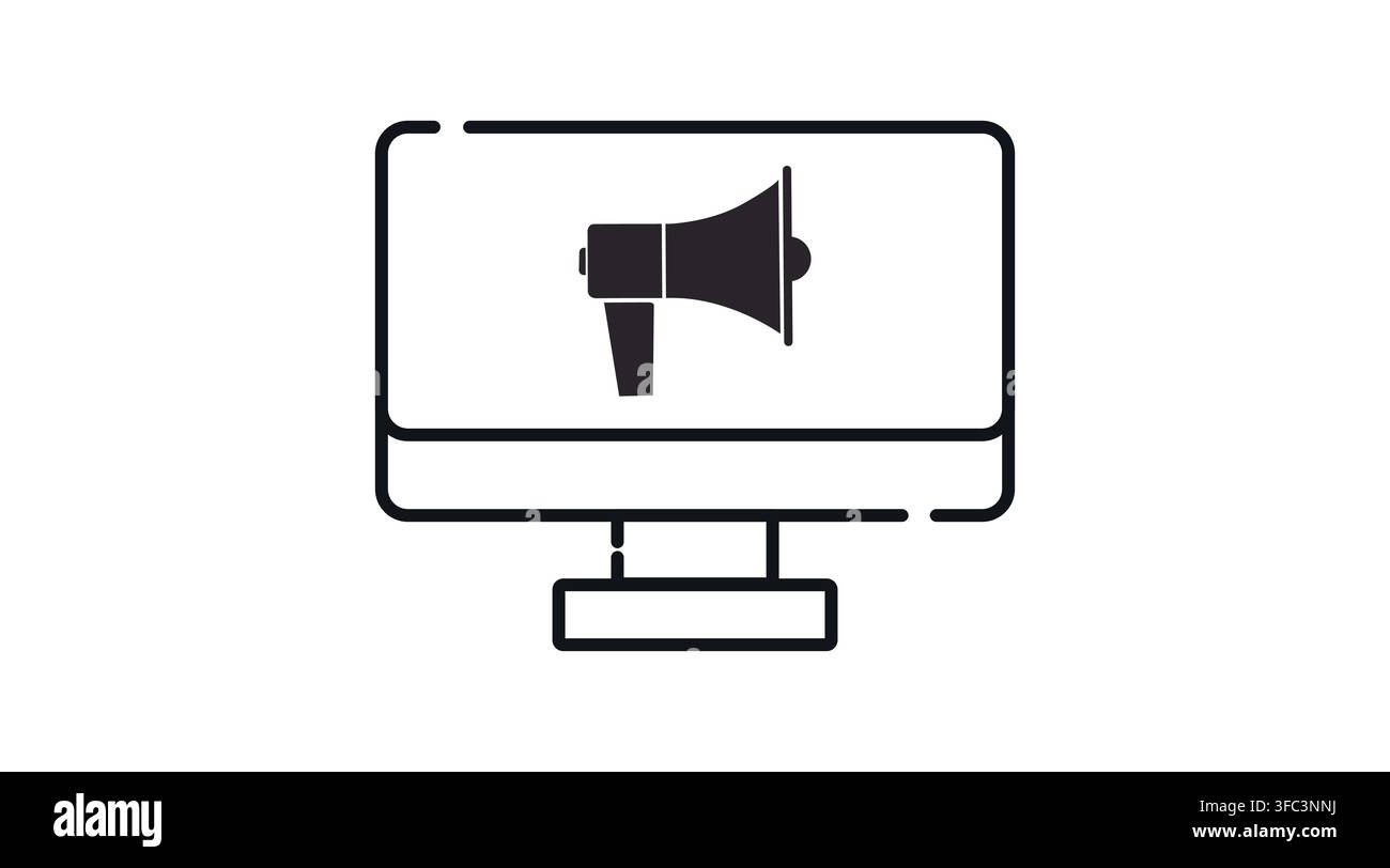Monitor di computer desktop con simbolo di altoparlante megafono sullo schermo icona vettoriale. Stile arte lineare nero su sfondo bianco. Illustrazione Vettoriale