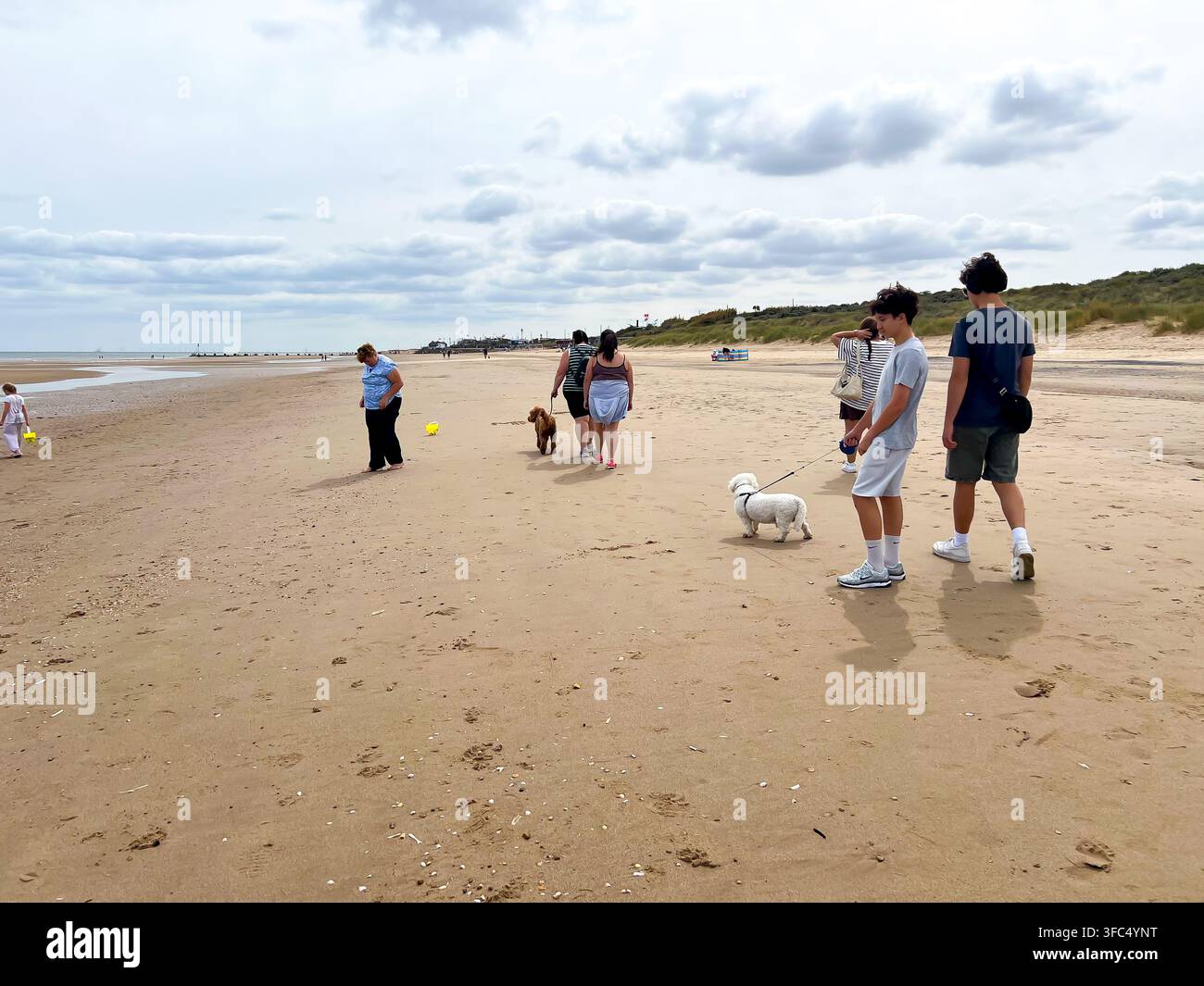 Persone che camminano sulla spiaggia con cani a Mablethorpe, Lincolnshire, Regno Unito Foto Stock