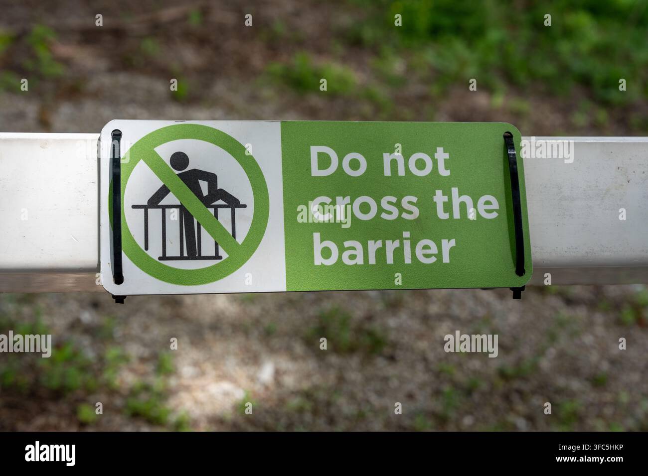 Primo piano di un cartello di sicurezza verde con la scritta "Non attraversare la barriera" attaccato a una recinzione esterna. Il simbolo di avvertimento indica accesso limitato e ricorda Foto Stock