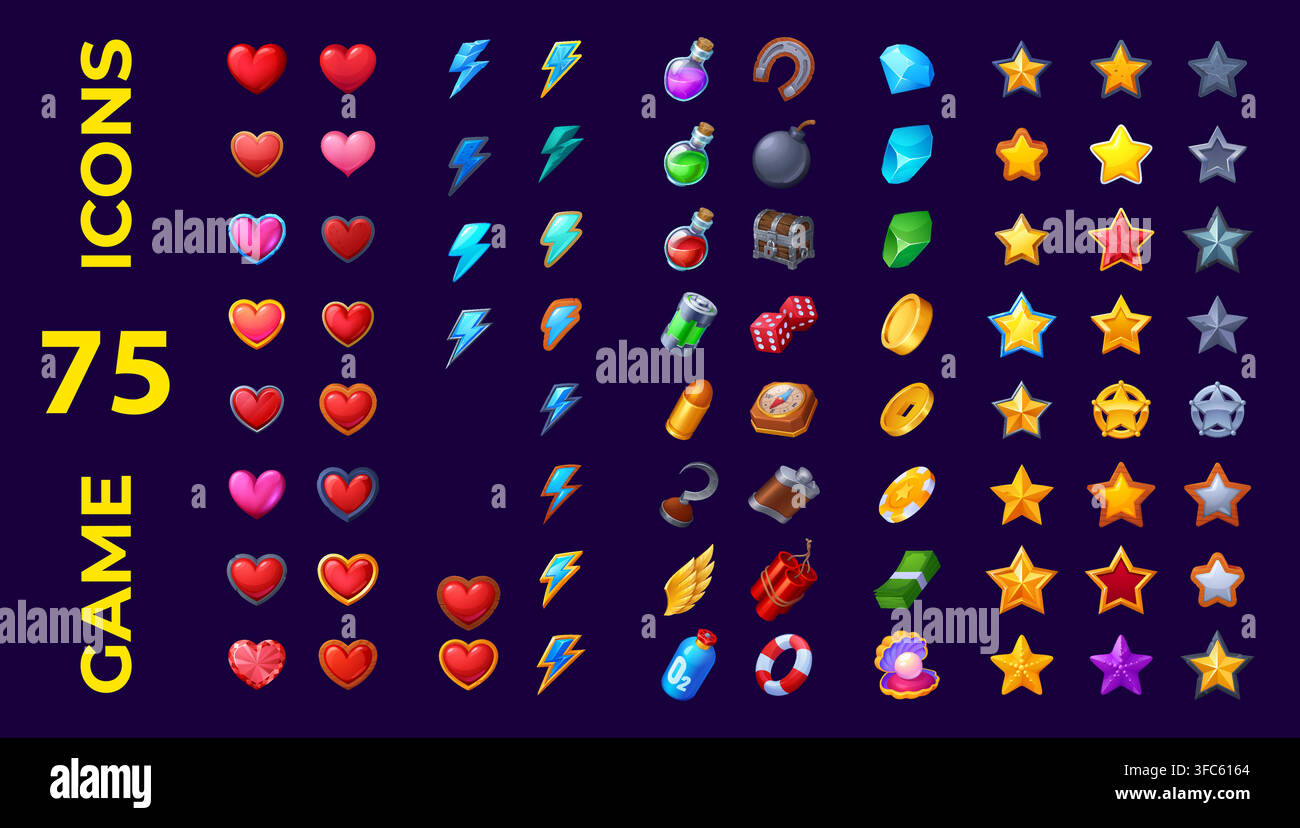 Icone di gioco arcade per il design dell'interfaccia e gli elementi GUI di assets di casinò o stelle trofeo. Icone UI di videogame di gemme cartoon e oggetti d'oro, cuore e denaro o scrigno del tesoro pirata e medaglia Illustrazione Vettoriale
