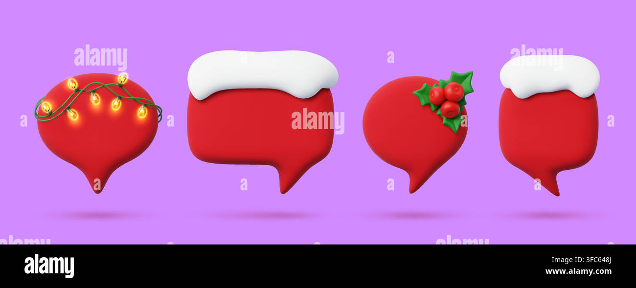 Icone di chat a forma di bolla rossa natalizia, cornici per le bolle di discorso e finestre di dialogo. Nuvole di discorso in 3D con neve, bacche di agrifoglio e ghirlande luminose. Campi di chat vuoti per le festività invernali di Natale per messaggi festosi Illustrazione Vettoriale