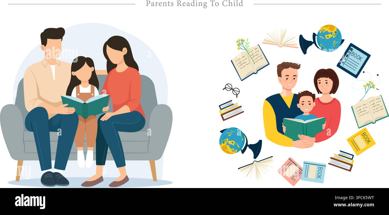 Genitori che leggono a un bambino, mostra madre e padre che leggono un libro con la figlia sul divano e la famiglia circondata da libri, illustrazione vettoriale piatta Illustrazione Vettoriale