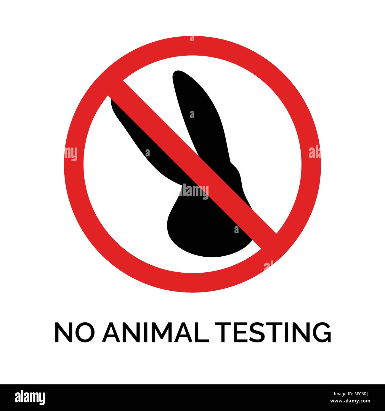 Nessun test sugli animali. Coniglio incrociato. Silhouette nera della testa di una lepre. Cerchio rosso incrociato. Adesivo non testato sugli animali su sfondo bianco Illustrazione Vettoriale