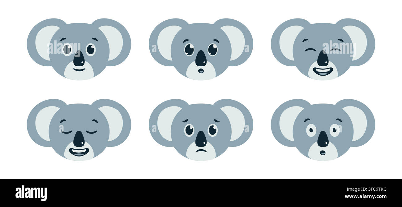 Serie di emozioni di un simpatico koala. Avatar del muso di un orso australiano. Testa di un animale sorridente e sorpreso. Faccia triste e rilassata. Risata. Ritratto Charact Illustrazione Vettoriale