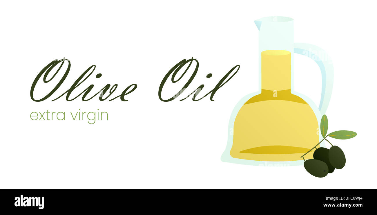 Olio d'oliva in una brocca di vetro. Il frutto delle olive nere. Contenitore o bottiglia contenente liquido. Condimento per insalata. Testo. Gradienti di colore. Oggetto isolato. V Illustrazione Vettoriale