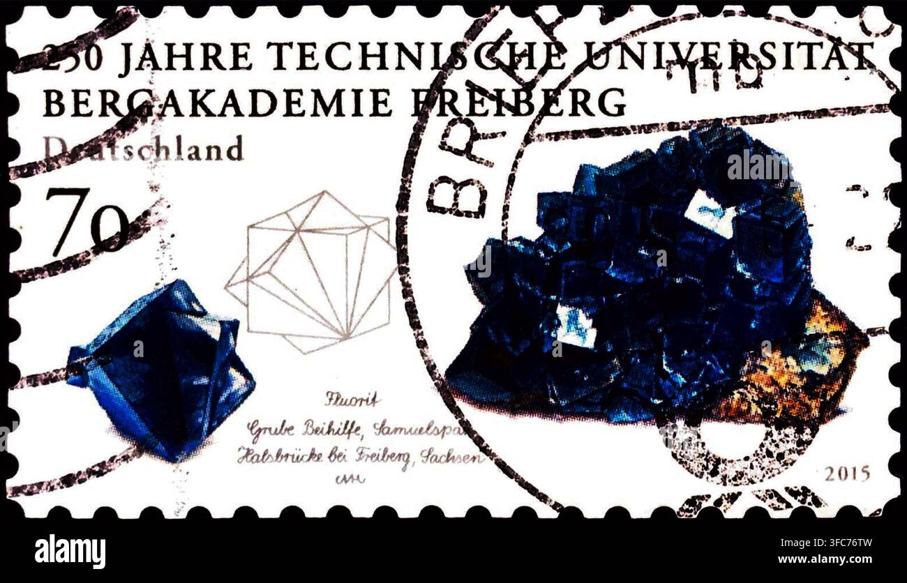 Francobollo tedesco del 2015 raffigurante il 250° anniversario della TU Bergakademie Freiberg, cristallo minerale, valore 70 centesimi Foto Stock