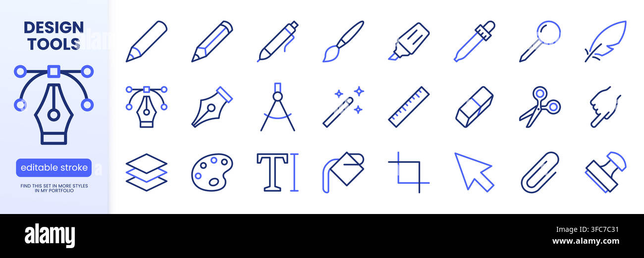 Set di icone di linea per la progettazione grafica, strumenti di disegno. Penna, matita, pennello, contagocce, timbro, illustrazioni vettoriali minime del secchio di vernice. Delineare le indicazioni per Illustrazione Vettoriale