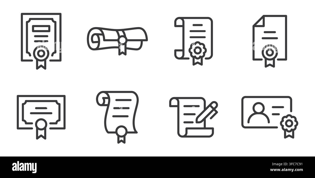 Set di icone lineari per certificati. Diploma, credenziale, qualifica, accreditamento, premio e certificazione professionale, illustrazione vettoriale lineare minimale Illustrazione Vettoriale