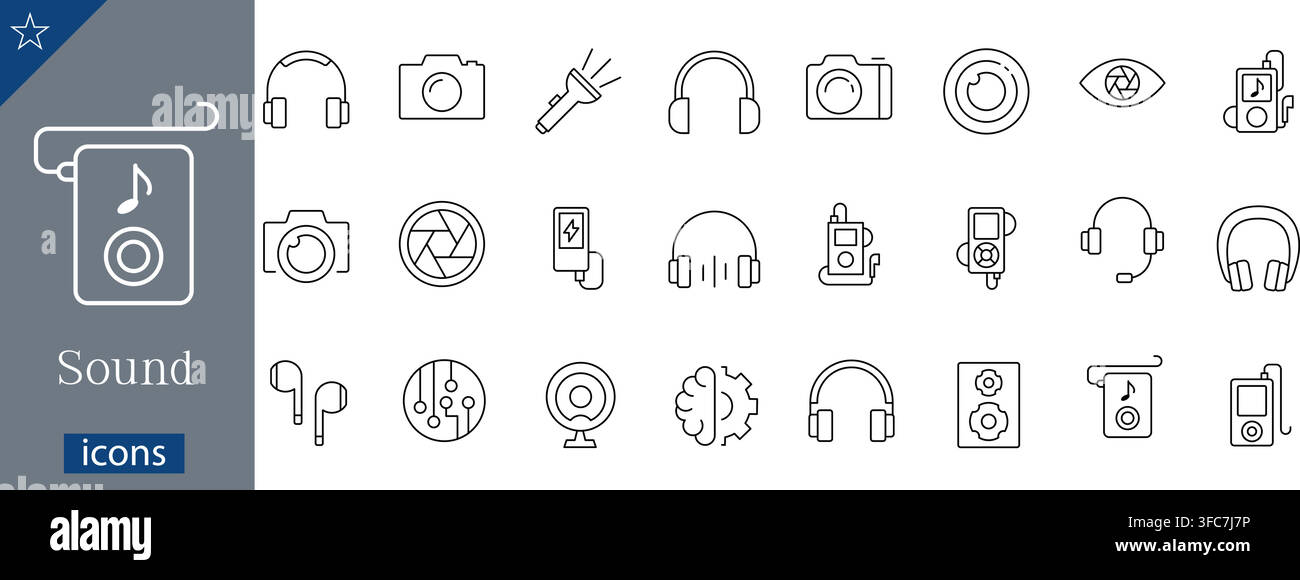 Set di icone lineari di linee audio e suono con cuffie, lettori MP3, fotocamere, altoparlanti, auricolari e simboli tecnologici, illustrazione vettoriale lineare Illustrazione Vettoriale