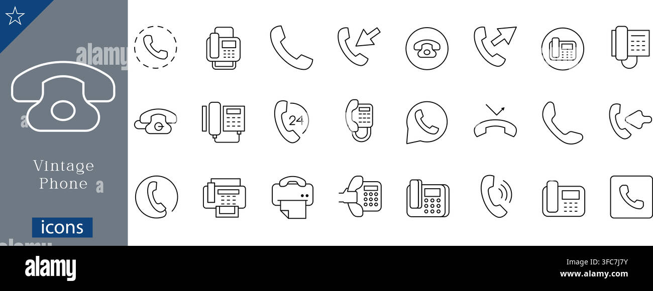 Set di icone vintage per linee telefoniche che mostra telefono retrò, auricolare fissato, telefono da scrivania, fax e simboli di call center in vettore piatto Illustrazione Vettoriale