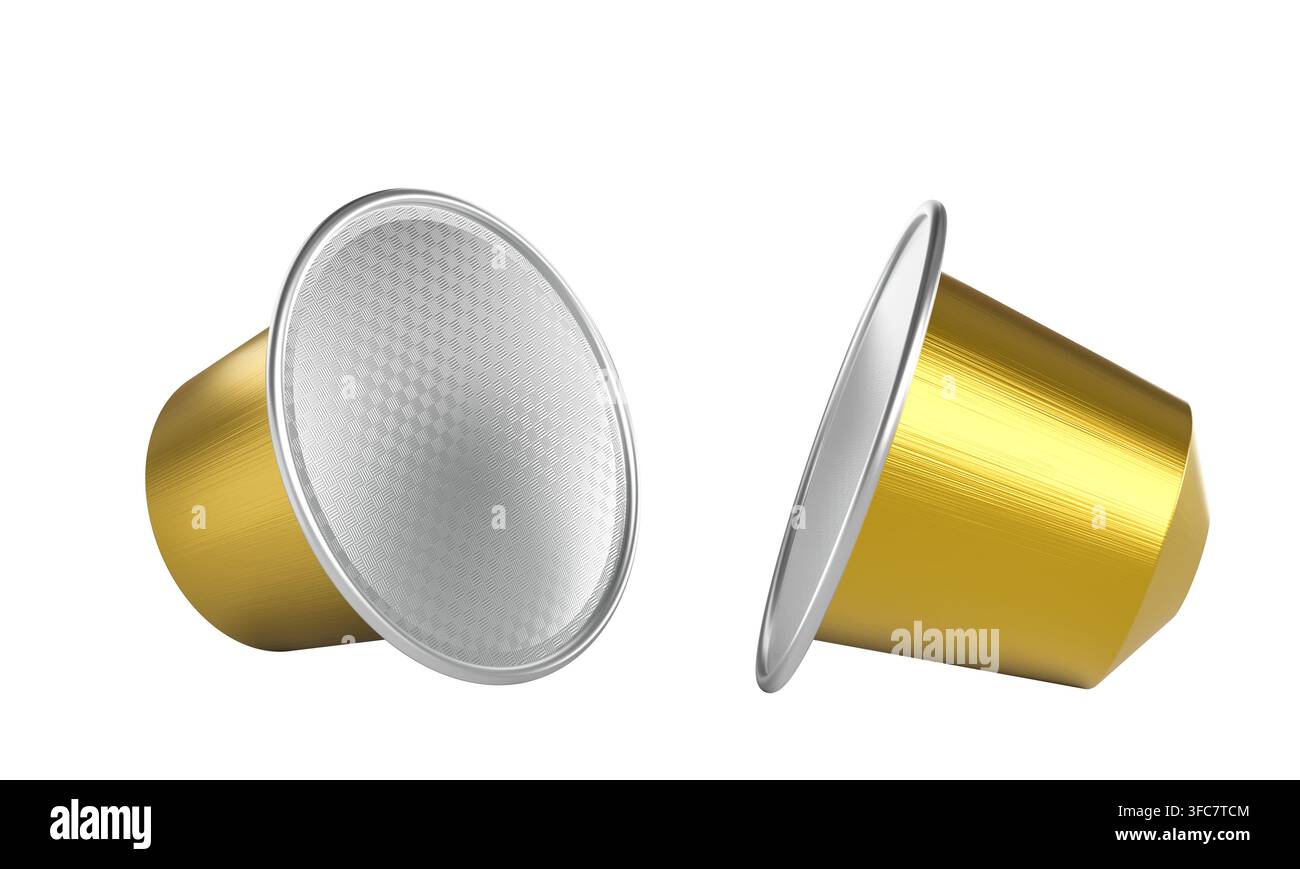 Capsule di caffè dorate per macchina da caffè espresso 3d Foto Stock