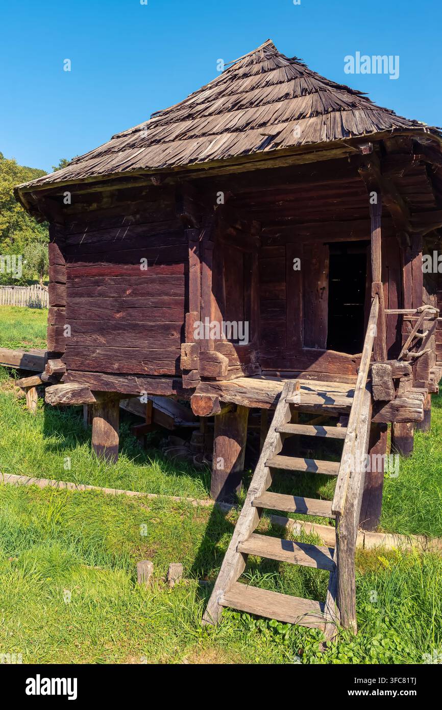 Vista ravvicinata di una vecchia capanna rialzata in legno con scala in un contesto rurale tradizionale in Romania Foto Stock