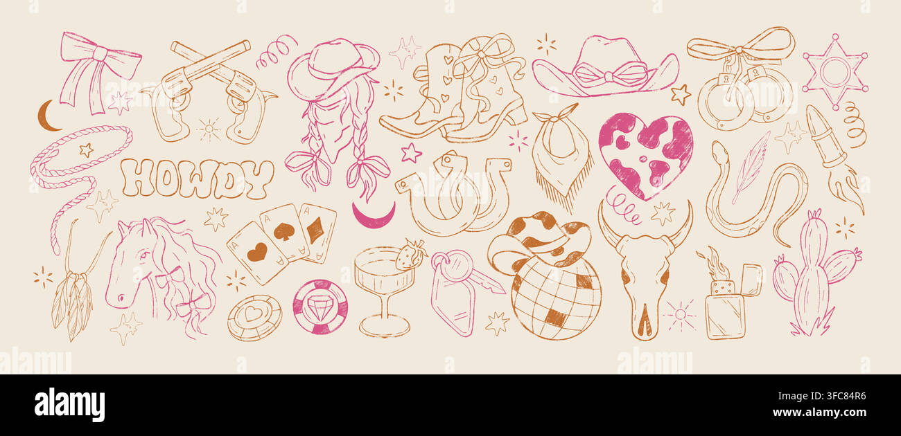 Disegno a mano di icone western da cowgirl con matite colorate, stivali da cowboy, cappello, revolver, cactus, serpente, elementi di festa femminili. Simboli retrò stravaganti per addio al nubilato. Palla da discoteca a matita di gesso, carte da gioco Illustrazione Vettoriale