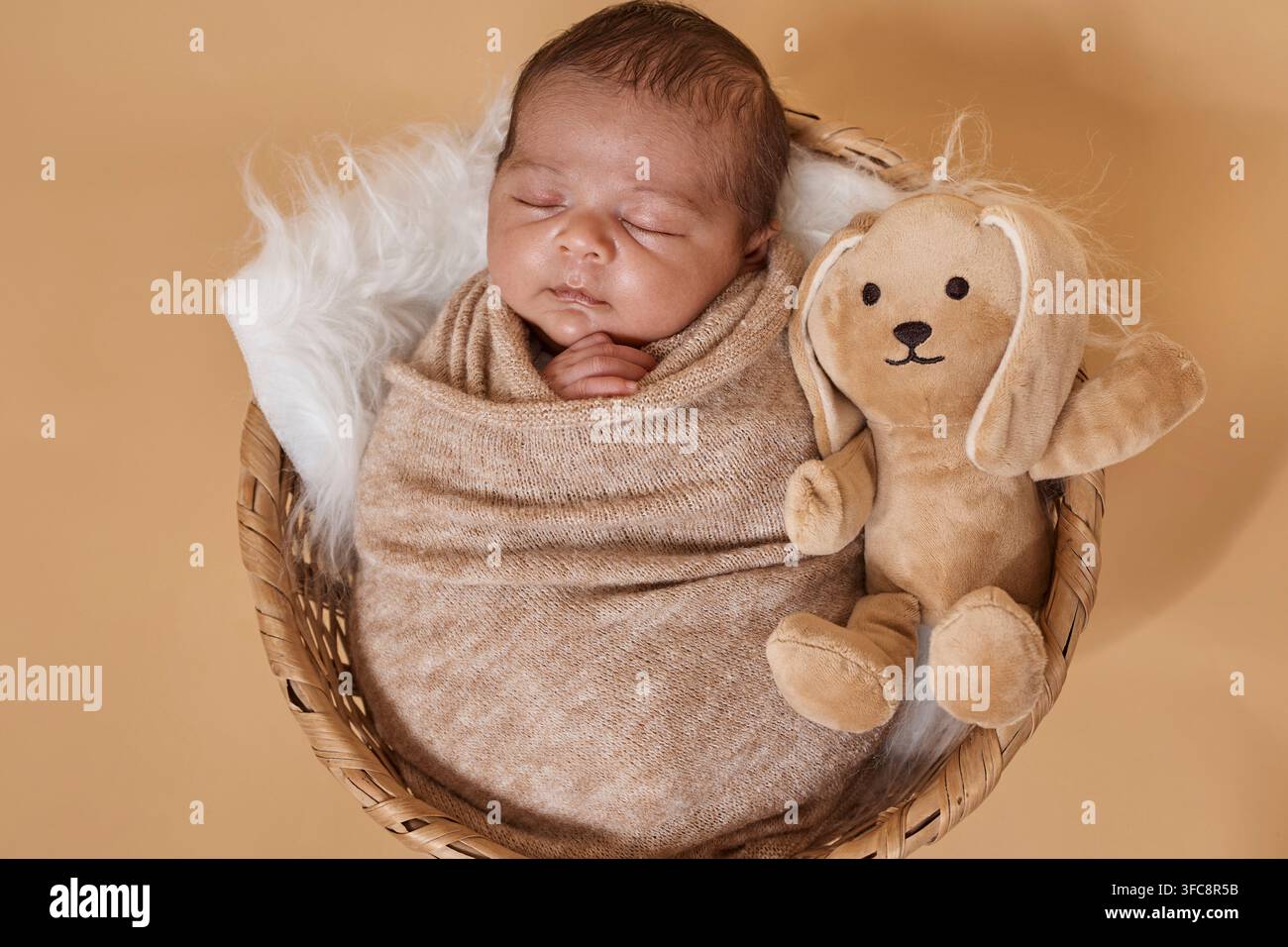 Neonato addormentato avvolto in una coperta in un cesto di vimini con un peluche Foto Stock