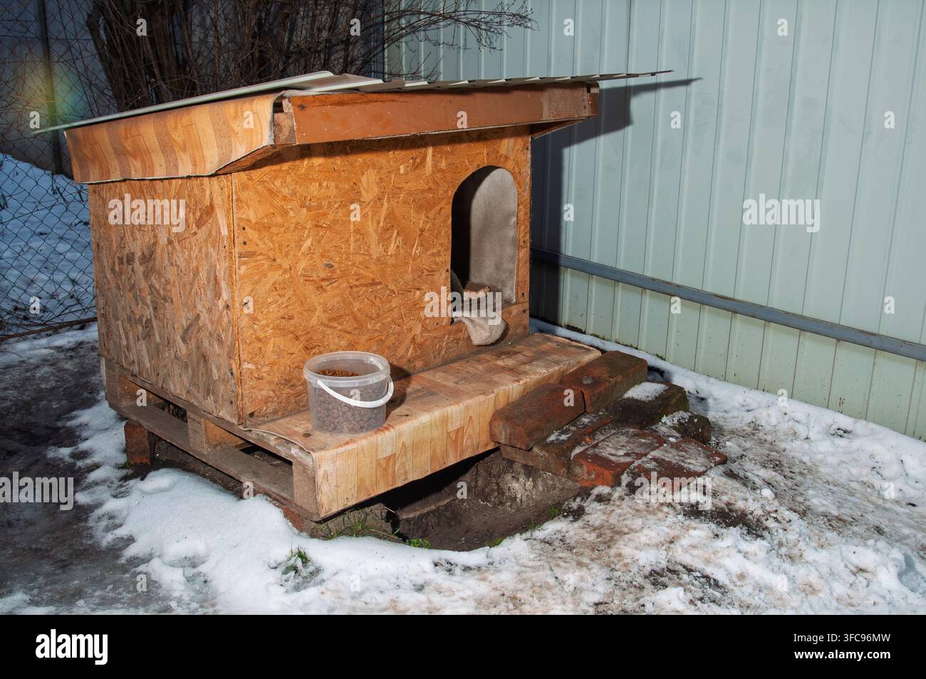 Un semplice canile fatto in casa con pannelli di compensato è posato su una pallet, con un secchio di crocchette nelle vicinanze e la neve per terra Foto Stock