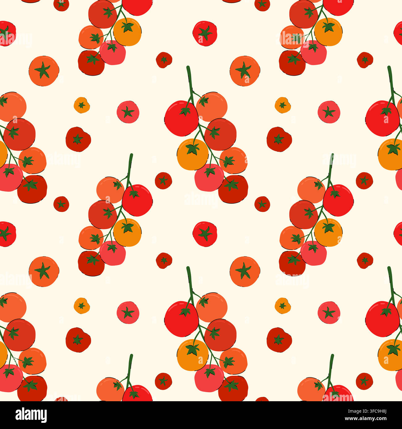 Motivo vettoriale senza cuciture con pomodorini. Design fresco del mercato contadino con ramo di pomodori in stile doodle disegnato a mano. Pomodoro vegetariano sano piatto disegnato a mano Illustrazione Vettoriale