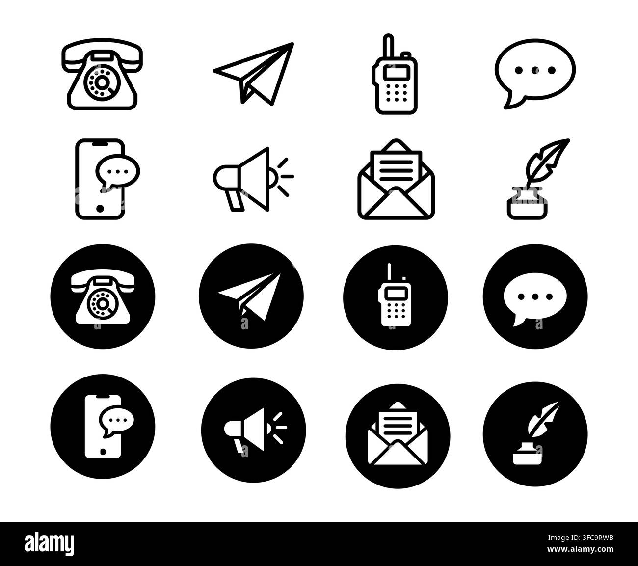Set di icone di contatto rotonde su sfondo bianco. Illustrazione vettoriale di pittogrammi di comunicazione, telefono, smartphone, messaggio, internet, megafono e simboli radio per il design di interfacce digitali Illustrazione Vettoriale