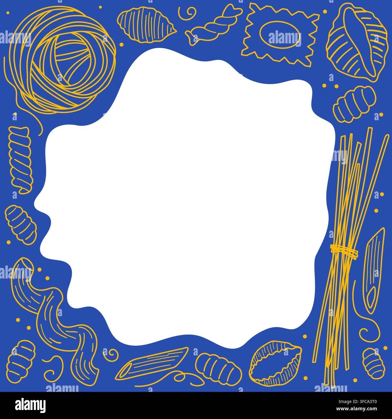 Piatto di pasta italiana con spaghetti, tagliatelle, penne, ravioli, fusilli, gnocchi e conchiglie disposti intorno. Illustrazione Vettoriale