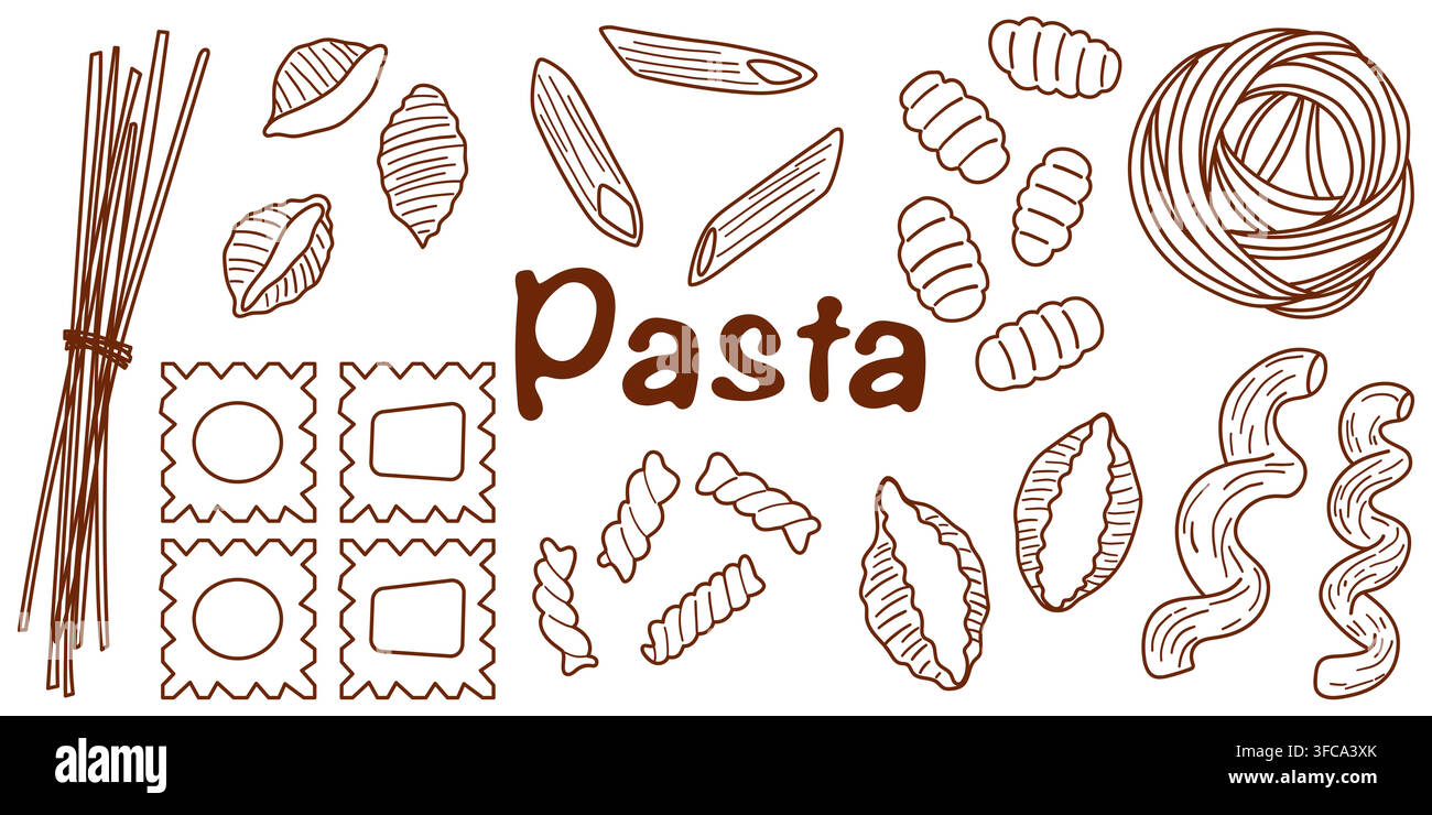 Collezione di paste italiane con spaghetti, tagliatelle, penne, ravioli, fusilli, gnocchi, conchiglie e altre forme di pasta Illustrazione Vettoriale