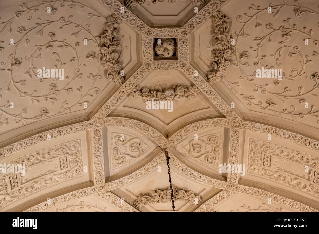 Vista ravvicinata di un soffitto in stucco ornato all'interno del castello di Cochem, che mostra motivi floreali in rilievo e decorazioni architettoniche a volta. Foto Stock