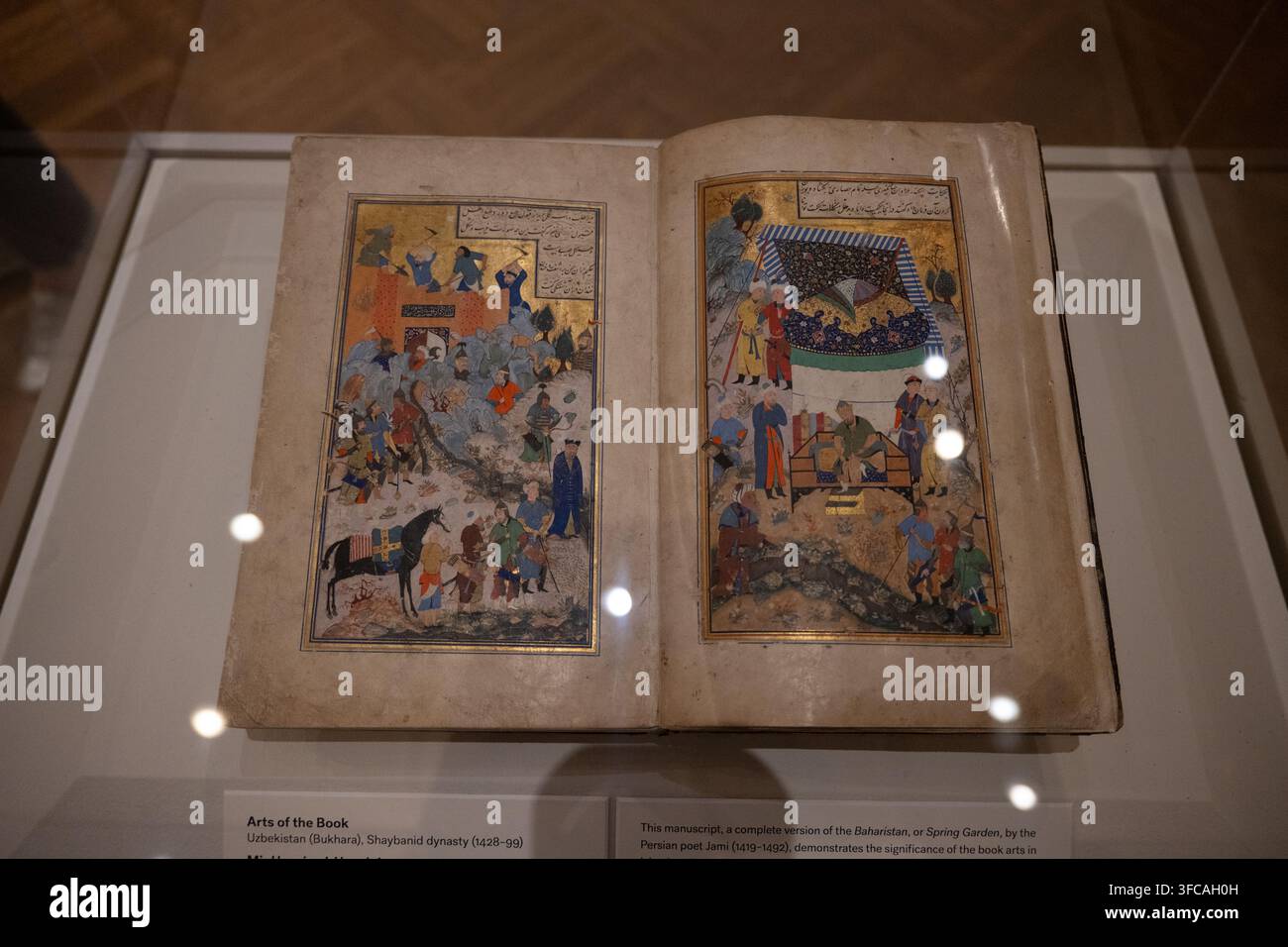 Minneapolis, MN - 23 ago 25: Manoscritto persiano illustrato aperto esposto sotto vetro al Minneapolis Institute of Art, Minnesota. Foto Stock
