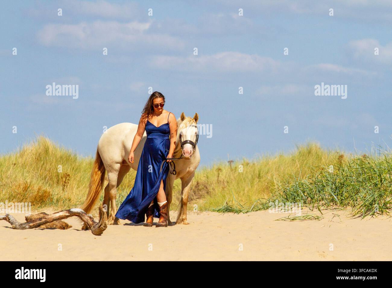 Una giovane donna in un abito da sera blu scuro conduce un cavallo bianco lungo una spiaggia sabbiosa sotto un cielo estivo luminoso. Southport, Regno Unito. Foto Stock