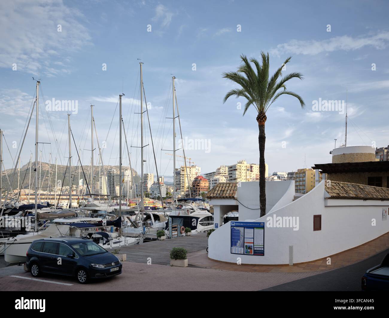 Calpe, Spagna - 7 giugno 2026: Marina con barche a vela e yacht ormeggiati al Reial Club Nautic Calp, con edifici cittadini e una palma. Foto Stock