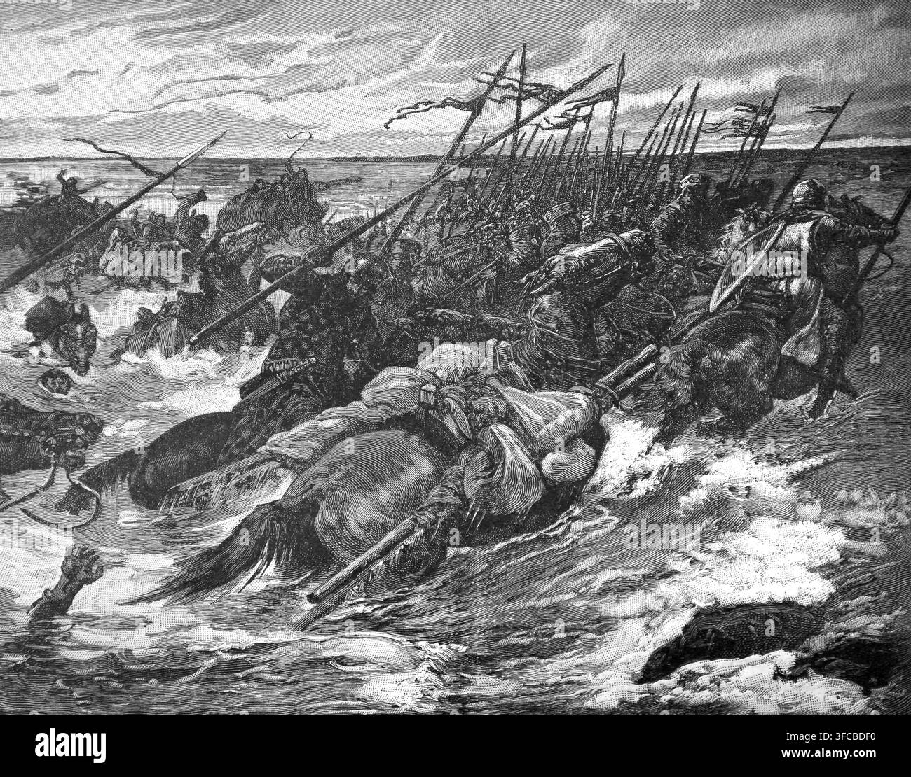 Illustrazione che raffigura l'esercito di Re Giovanni e il suo tesoro persi a causa della marea montante del Wash nel 1216 d.C. durante la Prima Guerra dei Baroni, del XIX Foto Stock