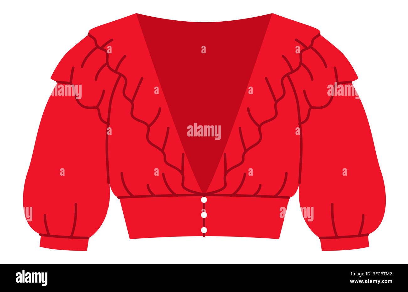 Camicetta con scollo a V svasato, maniche lunghe a sbuffo e vita aderente. Illustrazione tecnica di moda, vista frontale in stile a colori piatti, silhouette romantica pulita per il design di modelli di abbigliamento. Illustrazione Vettoriale