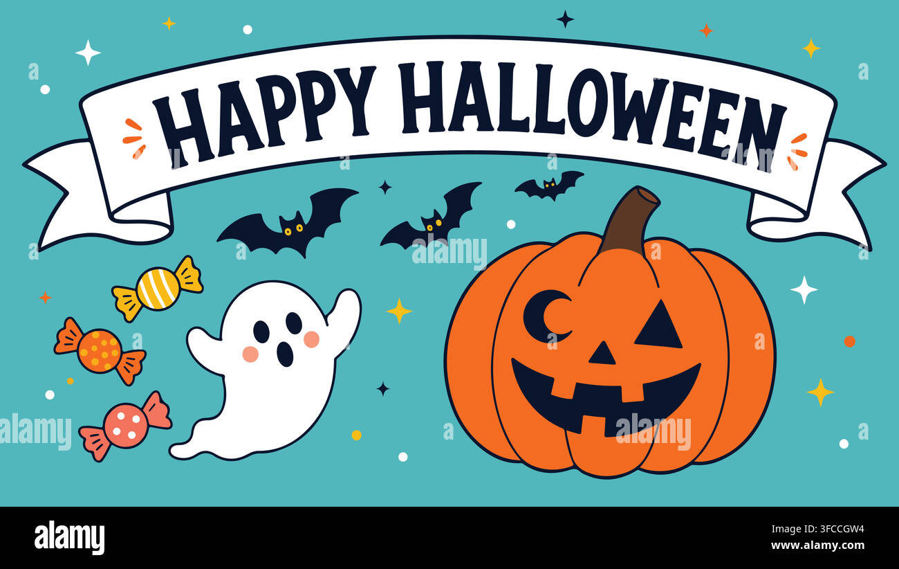 Illustrazione di banner allegro per Halloween con zucca intagliata a forma di lanterna, fantasma carino, pipistrelli volanti e caramelle per Trick or Treat su sfondo blu. Illustrazione Vettoriale