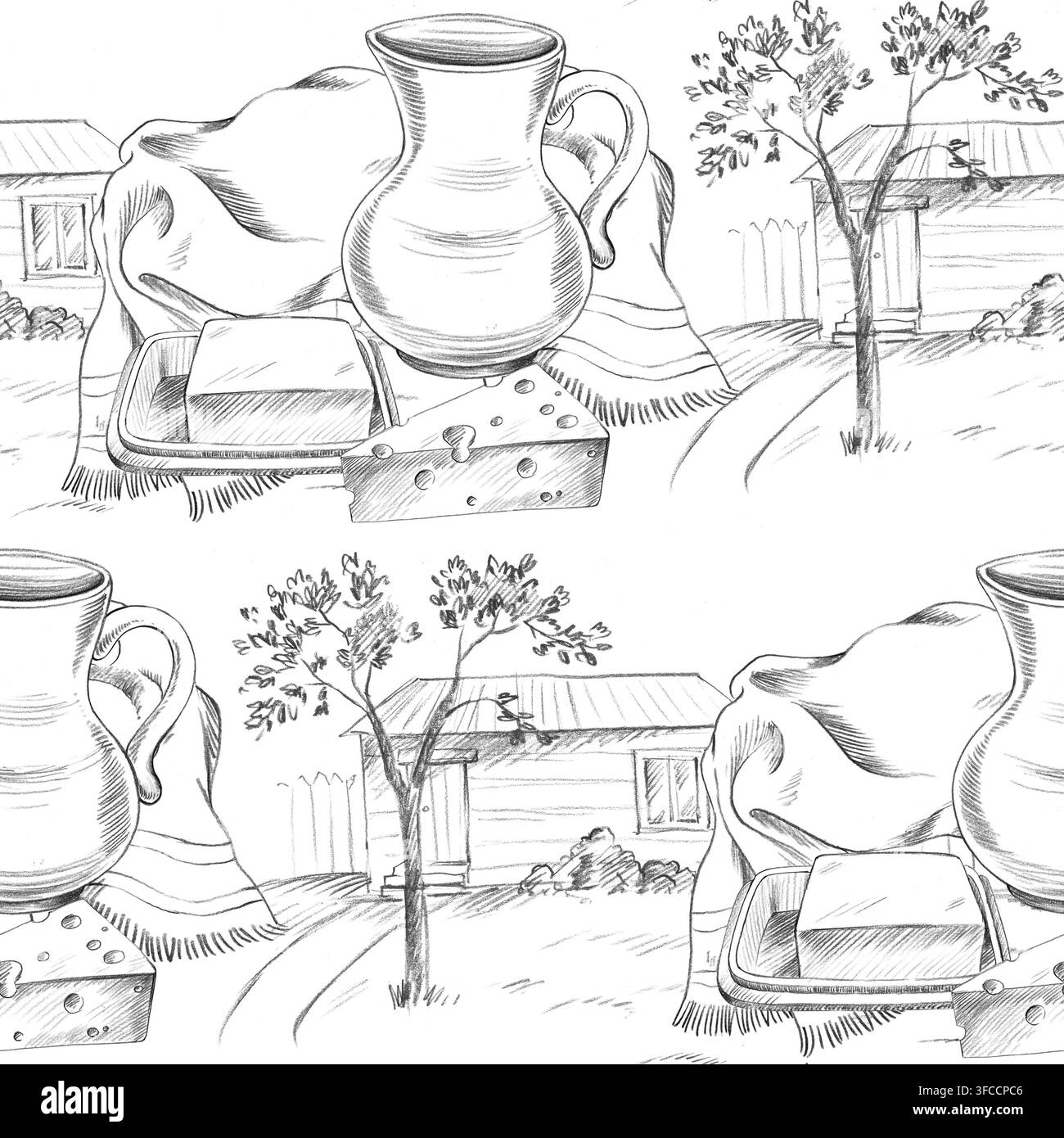 Modello senza cuciture della brocca, del formaggio, del burro e del paesaggio. Illustrazioni a matita fatte a mano in fattoria. Per il design di carte, copertine, stampe, etichette di prodotti e Foto Stock