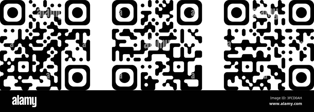 Set di modelli di falsi codici QR isolati su sfondo bianco. Adesivi con codici a barre. Esempi di QR code con informazioni digitali su prezzo o menu da scansionare con la fotocamera del telefono. Illustrazione grafica vettoriale. Illustrazione Vettoriale