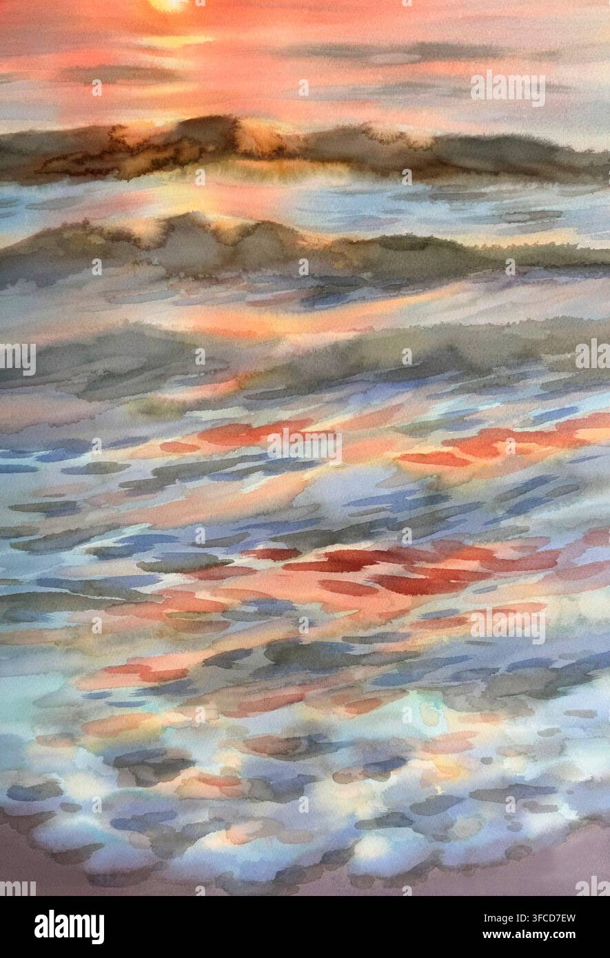 Onde dell'acqua di mare nella luce del sole serale sfondo acquerello Foto Stock