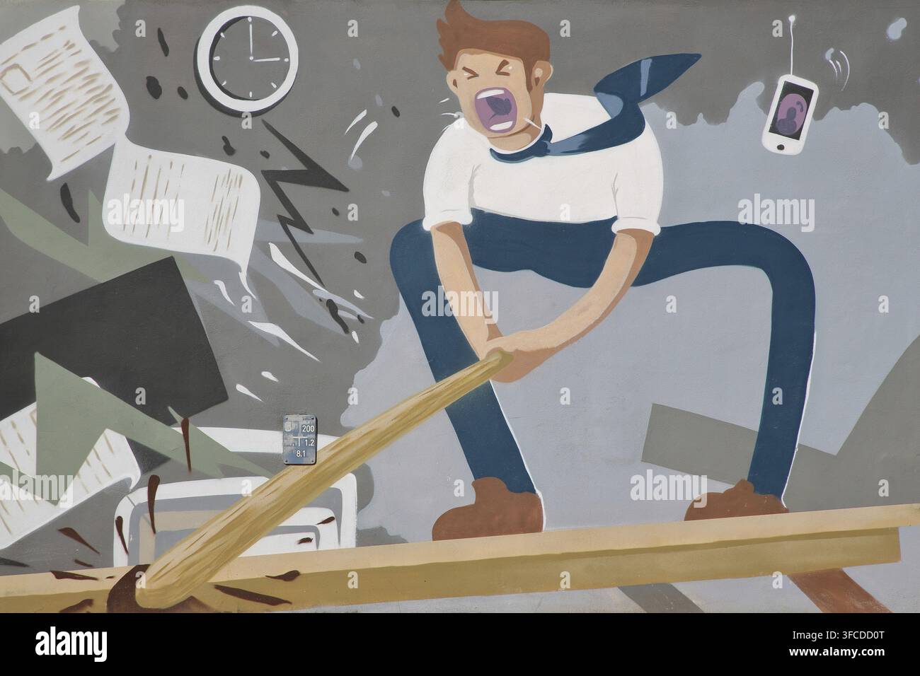 Figura murale con club in un'esplosione di rabbia, simbolo di rumore, disturbo, aggressione, stress, rabbia, disturbo della pace, inquinamento acustico, volume, b Foto Stock