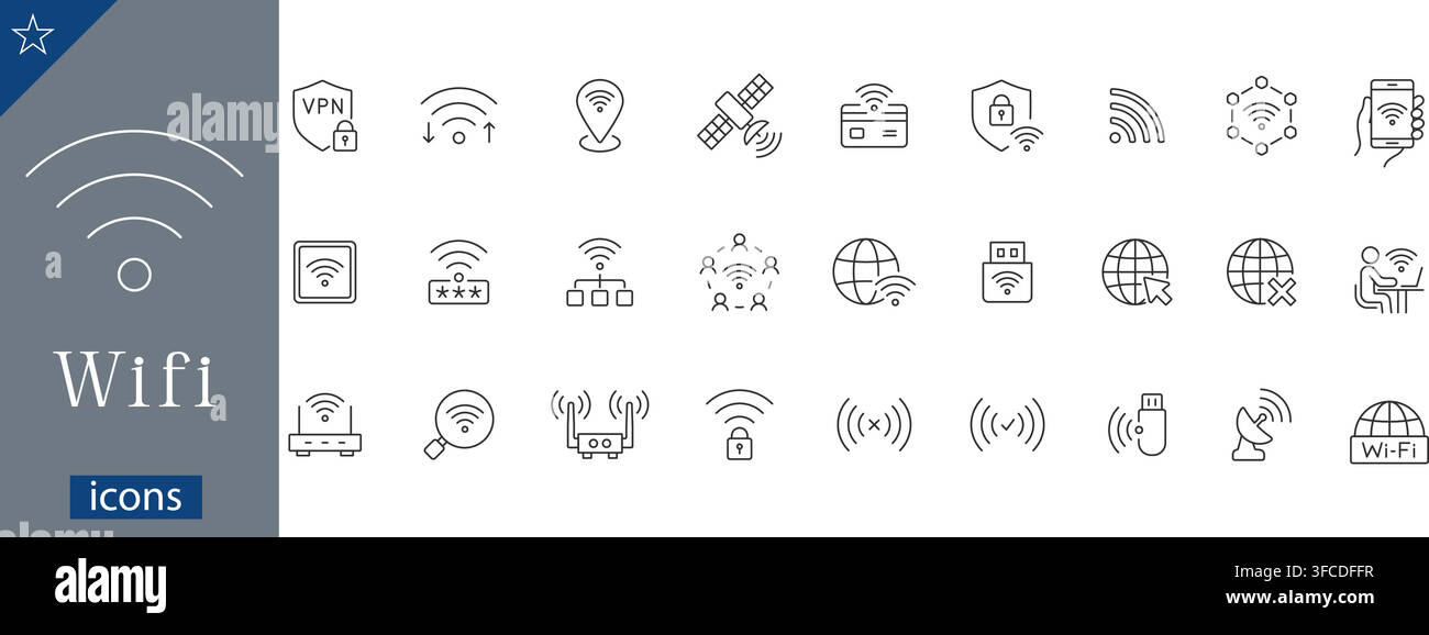 Set di icone a linea WiFi che mostra segnale wireless, router, sicurezza VPN, connessione Internet, satellite, hotspot, illustrazione vettoriale lineare della rete Illustrazione Vettoriale